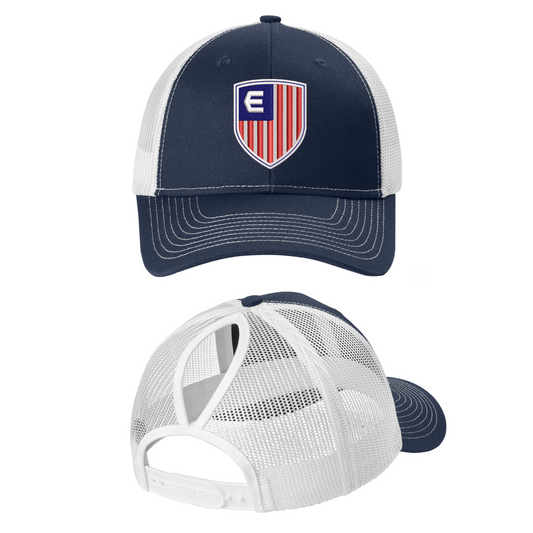 Elite Sports Shield Logo Embroidered Women's Pony Tail Hat Navy and White Mesh Adjustable